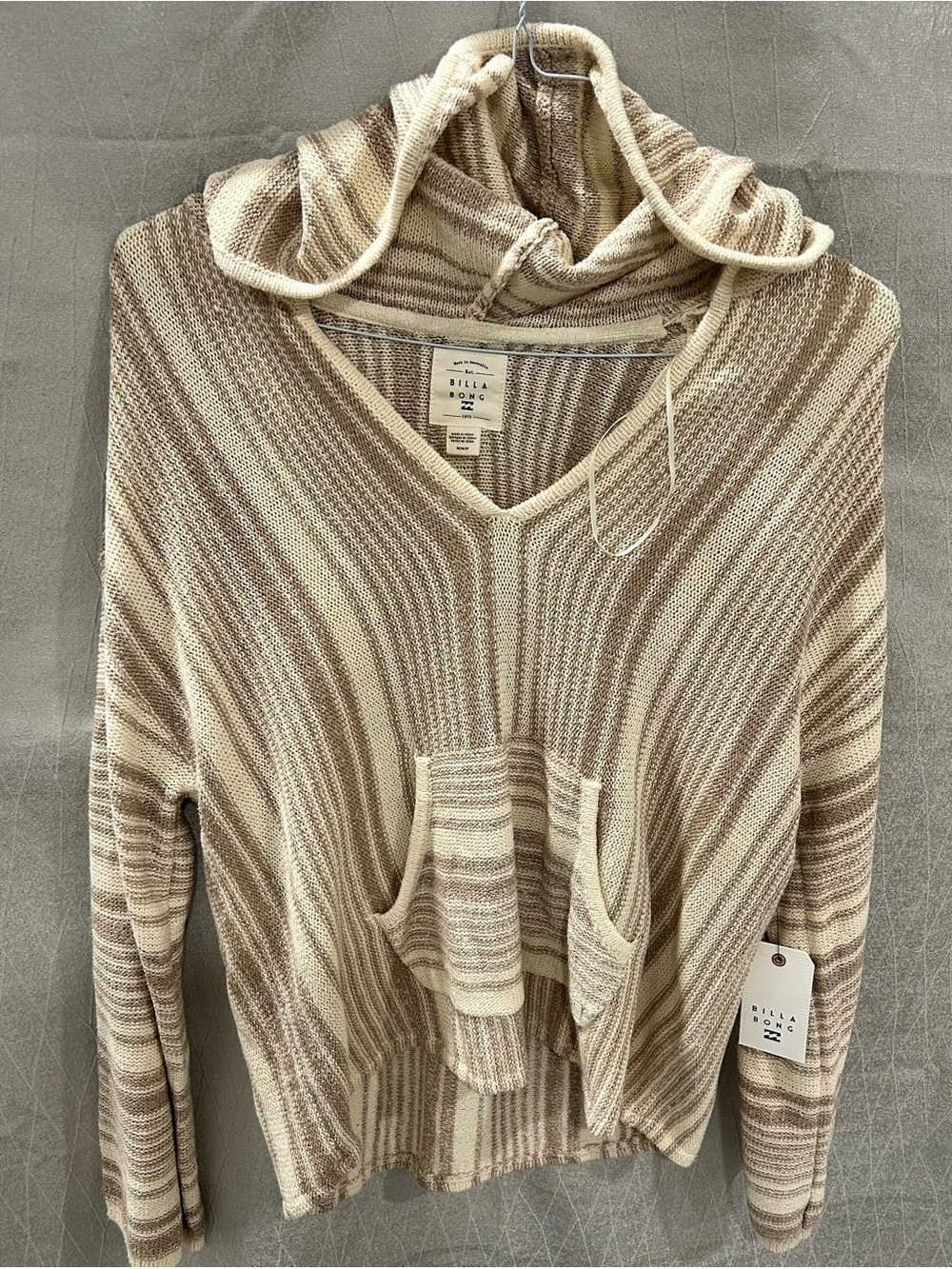 Billabong V-Neck Hooded Striped Sweater in Cream and Tan